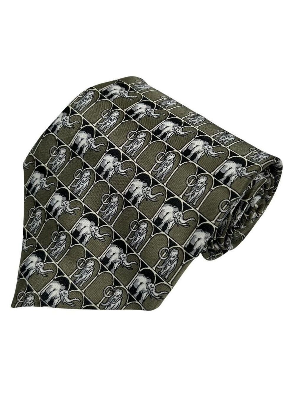 Rene Chagal Men's Olive Green Black Elephant 100% Silk Necktie Tie